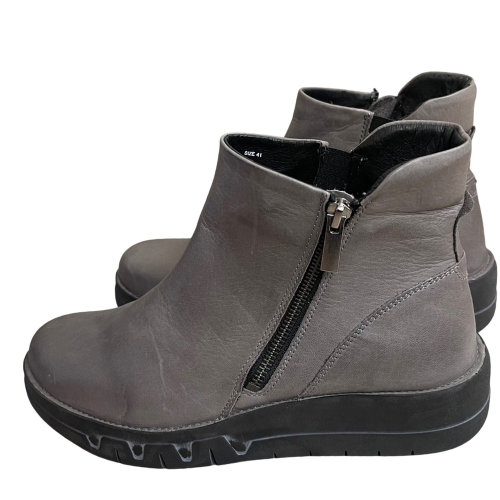 Miz Mooz Grey Leather Platform Wedge Ankle Boots Side Zip Size 41 Womens 9.5/10